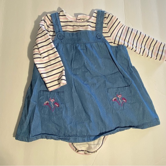 Crown & Ivy Denim suspender dress 9 month embroidered pockets striped bodysuit - Picture 6 of 9